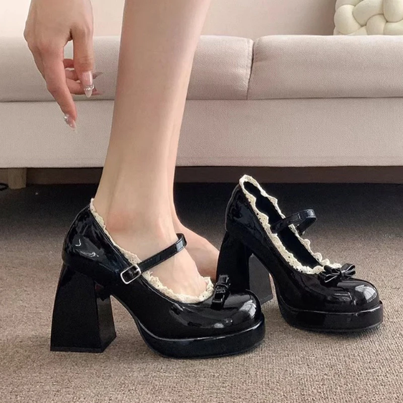 Escarpins Mary Jane à talon épais et bride à boucle, style français, avec nœud et dentelle, pour femme, nouvelle collection printemps 2026